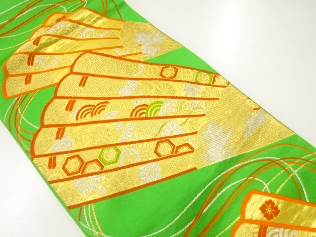 アンティーク　檜扇に花・古典柄模様織出し袋帯（材料）